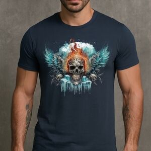 🔥🧊 Fire & Ice Skull Wings Graphic Tee | Gothic Fantasy Skull Shirt